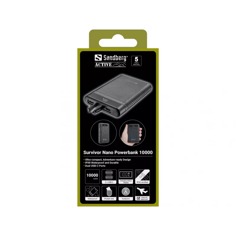 Sandberg Survivor Nano Powerbank 10000, 10000 mAh, litija jonu (Li-Ion), 3,7 V, 20 W, melns