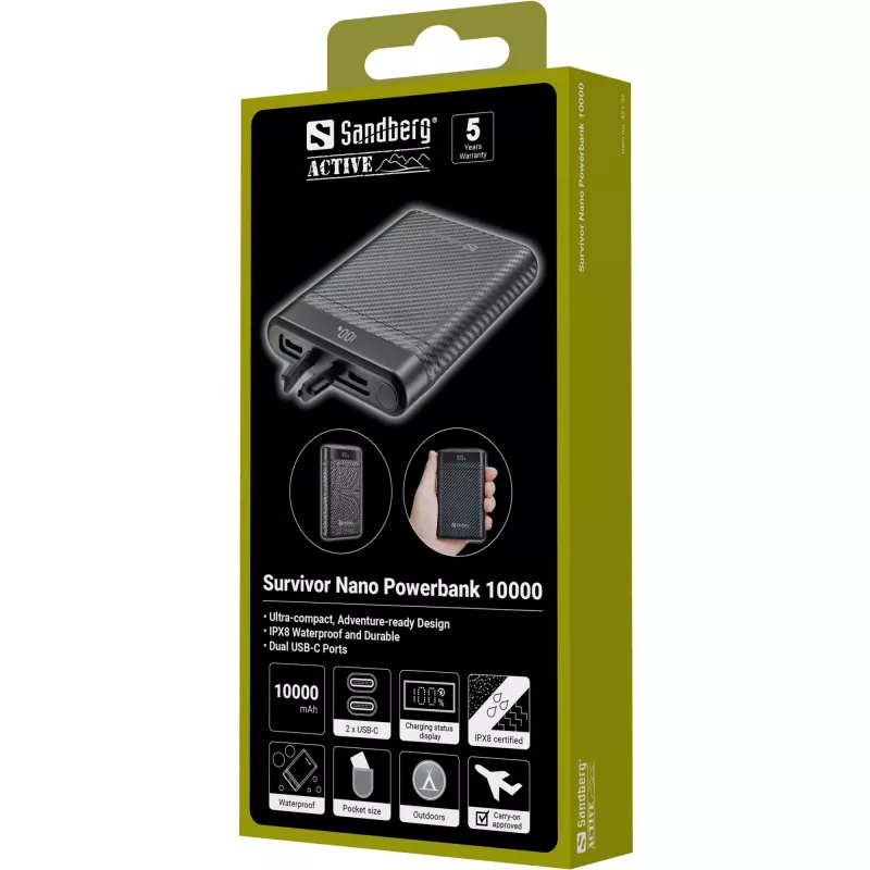 Sandberg Survivor Nano Powerbank 10000, 10000 mAh, litija jonu (Li-Ion), 3,7 V, 20 W, melns