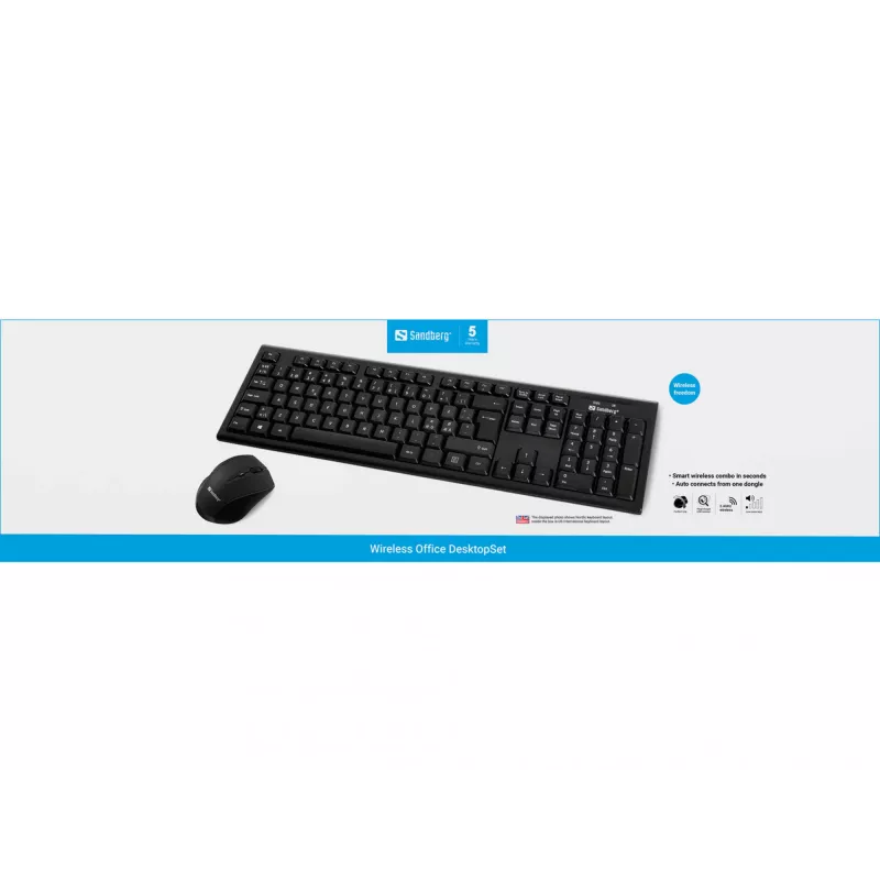Sandberg Wireless Office DesktopSet INT, bezvadu, RF bezvadu, membrānas, QWERTY, melns, iekļauta pele