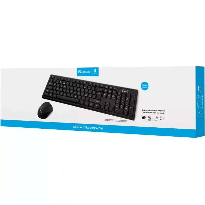 Sandberg Wireless Office DesktopSet INT, bezvadu, RF bezvadu, membrānas, QWERTY, melns, iekļauta pele