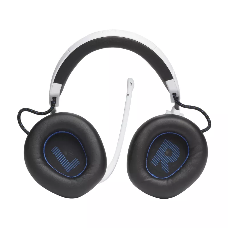 JBL Quantum 910P austiņas ar vadu un bezvadu savienojumu, galvas lentes tipa, spēlēm, USB Type-C, Bluetooth, zilas, baltas