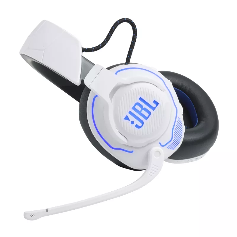 JBL Quantum 910P austiņas ar vadu un bezvadu savienojumu, galvas lentes tipa, spēlēm, USB Type-C, Bluetooth, zilas, baltas