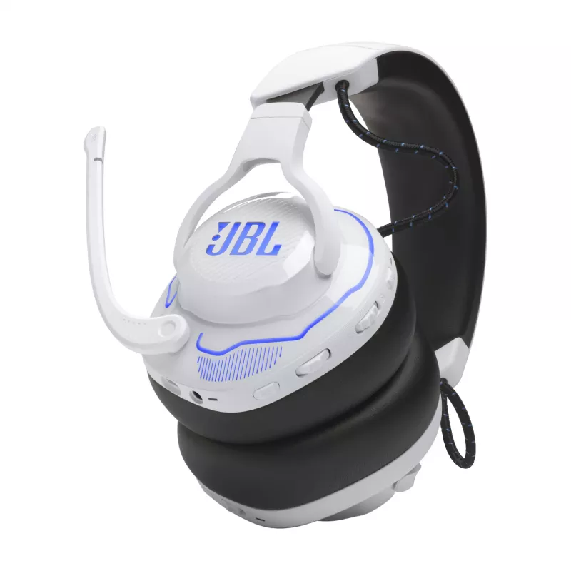 JBL Quantum 910P austiņas ar vadu un bezvadu savienojumu, galvas lentes tipa, spēlēm, USB Type-C, Bluetooth, zilas, baltas