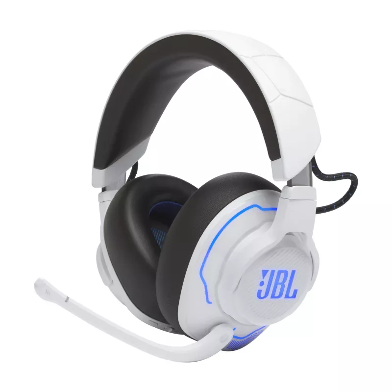 JBL Quantum 910P austiņas ar vadu un bezvadu savienojumu, galvas lentes tipa, spēlēm, USB Type-C, Bluetooth, zilas, baltas