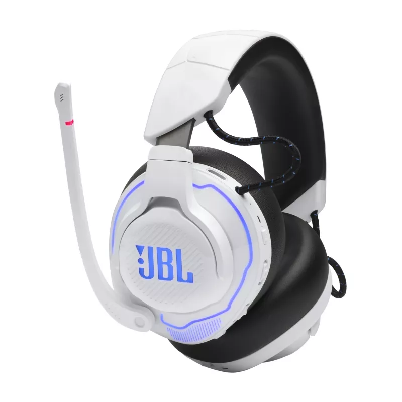 JBL Quantum 910P austiņas ar vadu un bezvadu savienojumu, galvas lentes tipa, spēlēm, USB Type-C, Bluetooth, zilas, baltas