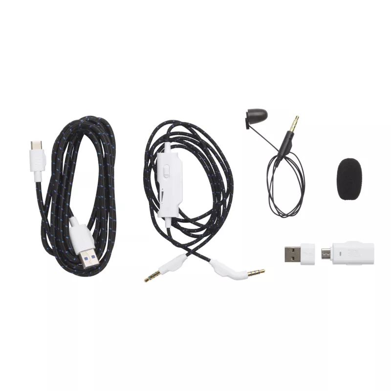 JBL Quantum 910P austiņas ar vadu un bezvadu savienojumu, galvas lentes tipa, spēlēm, USB Type-C, Bluetooth, zilas, baltas