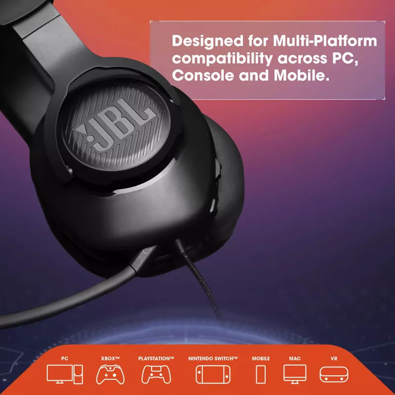 JBL Quantum 100 Melns, vadu, spēlēm, 20 - 20000 Hz, 216 g, austiņas, melnas