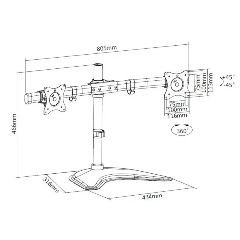 Multibrackets M Deskstand Basic Dual, brīvi stāvošs, 16 kg, 38,1 cm (15 collas), 68,6 cm (27 collas), 100 x 100 mm, melns