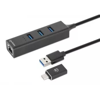 Manhattan USB-C un USB-A Combo dokstacija/cents, pieslēgvietas (4): Ethernet un USB-A (x3), 5 Gbps (USB 3.2 Gen1 jeb USB 3.0), darbināms caur USB (nav nepieciešams ārējs barošanas avots)