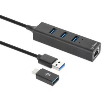 Manhattan USB-C un USB-A Combo dokstacija/cents, pieslēgvietas (4): Ethernet un USB-A (x3), 5 Gbps (USB 3.2 Gen1 jeb USB 3.0), darbināms caur USB (nav nepieciešams ārējs barošanas avots)