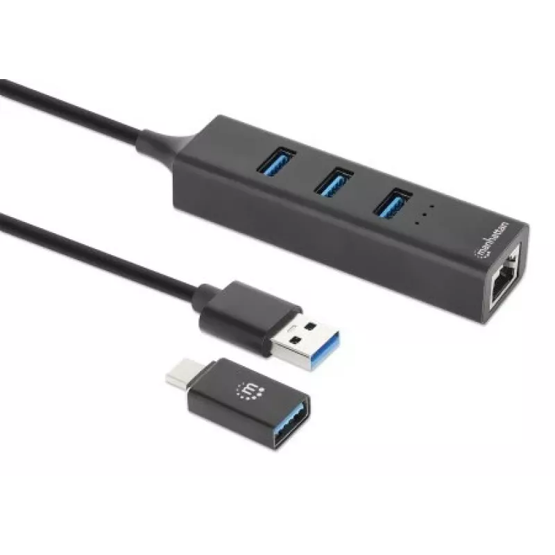 Manhattan USB-C un USB-A Combo dokstacija/cents, pieslēgvietas (4): Ethernet un USB-A (x3), 5 Gbps (USB 3.2 Gen1 jeb USB 3.0), darbināms caur USB (nav nepieciešams ārējs barošanas avots)