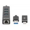 Manhattan USB-C un USB-A Combo dokstacija/cents, pieslēgvietas (4): Ethernet un USB-A (x3), 5 Gbps (USB 3.2 Gen1 jeb USB 3.0), darbināms caur USB (nav nepieciešams ārējs barošanas avots)