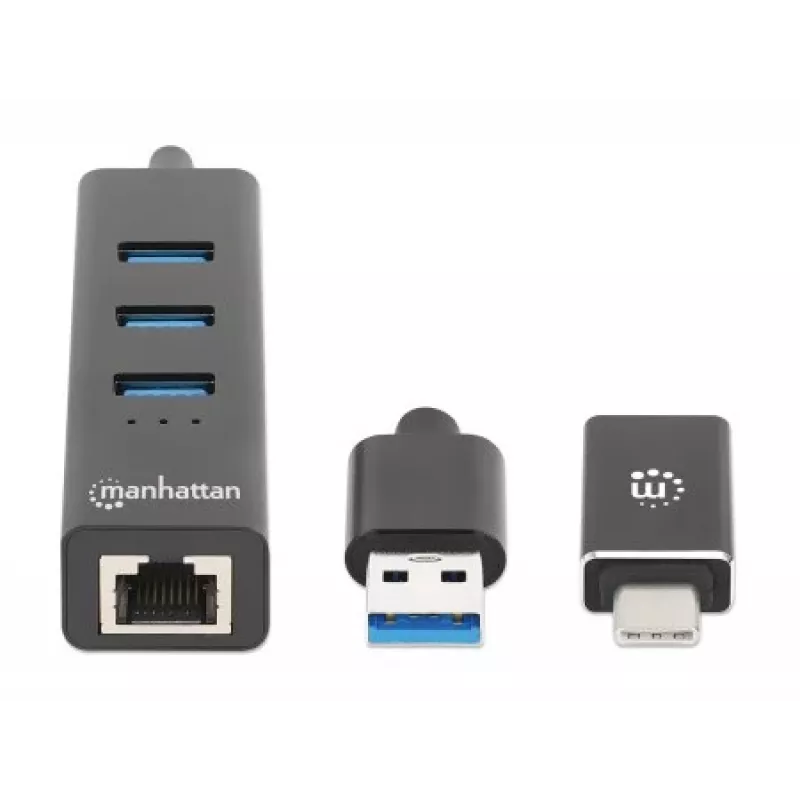 Manhattan USB-C un USB-A Combo dokstacija/cents, pieslēgvietas (4): Ethernet un USB-A (x3), 5 Gbps (USB 3.2 Gen1 jeb USB 3.0), darbināms caur USB (nav nepieciešams ārējs barošanas avots)