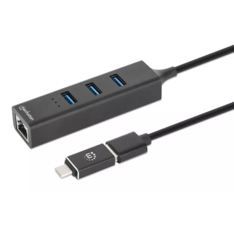 Manhattan USB-C un USB-A Combo dokstacija/cents, pieslēgvietas (4): Ethernet un USB-A (x3), 5 Gbps (USB 3.2 Gen1 jeb USB 3.0), darbināms caur USB (nav nepieciešams ārējs barošanas avots)