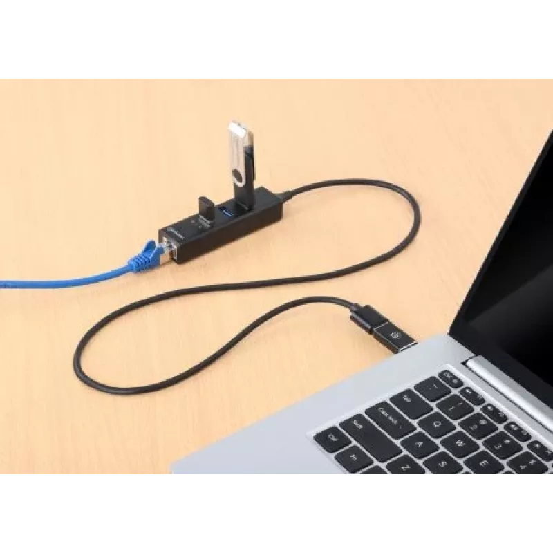 Manhattan USB-C un USB-A Combo dokstacija/cents, pieslēgvietas (4): Ethernet un USB-A (x3), 5 Gbps (USB 3.2 Gen1 jeb USB 3.0), darbināms caur USB (nav nepieciešams ārējs barošanas avots)