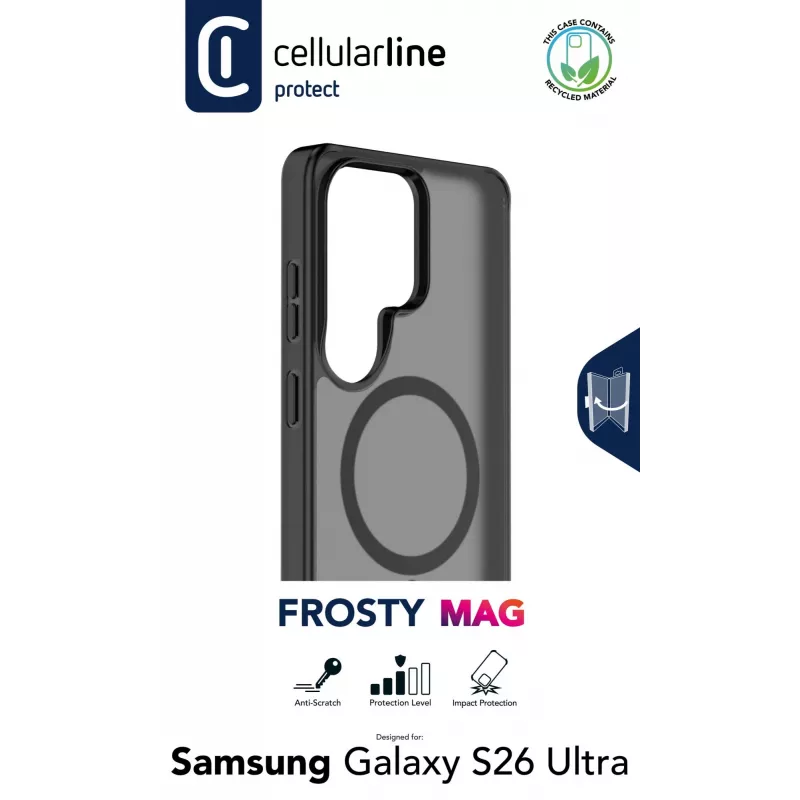 Cellularline FROSTY MAG - Galaxy S26 Ultra daļēji caurspīdīgs vāciņš ar matētu apdari un krāsainām malām, saderīgs ar Qi2 ekosistēmu un magnētiskajiem piederumiem Samsung ierīcēm.