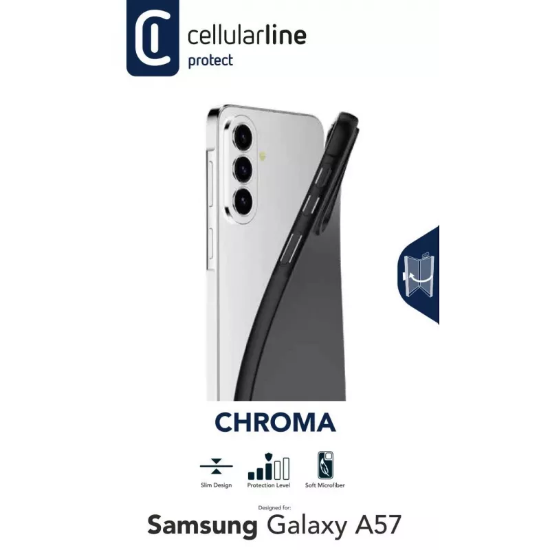 Cellularline CHROMA – Galaxy A57 krāsains TPU vāciņš ar matētu, mīkstu pieskāriena apdari un skrāpējumizturīgu mikrošķiedras oderi. Aizsargā malas un pogas, nemainot tālruņa dizainu.
