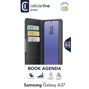 Cellularline Book Agenda 2 - Galaxy A37 Grāmatveida mākslīgās ādas maciņš ar magnētisko aizdari, statīva funkciju un RFID/NFC aizsardzību bezkontakta kartēm.