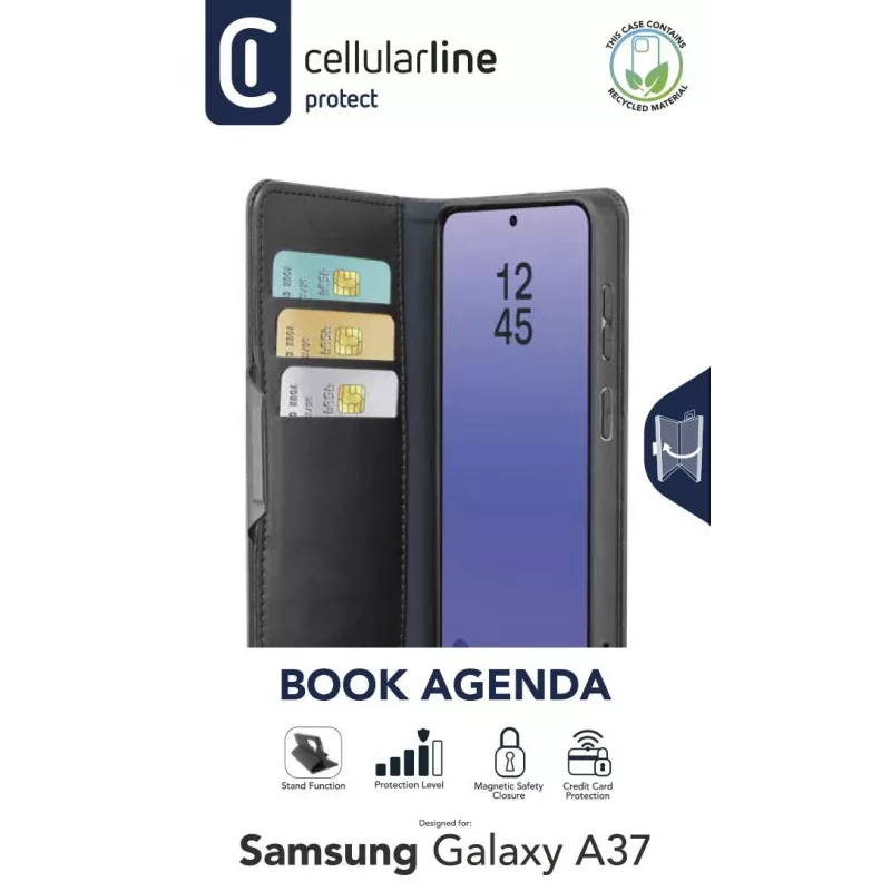 Cellularline Book Agenda 2 - Galaxy A37 Grāmatveida mākslīgās ādas maciņš ar magnētisko aizdari, statīva funkciju un RFID/NFC aizsardzību bezkontakta kartēm.
