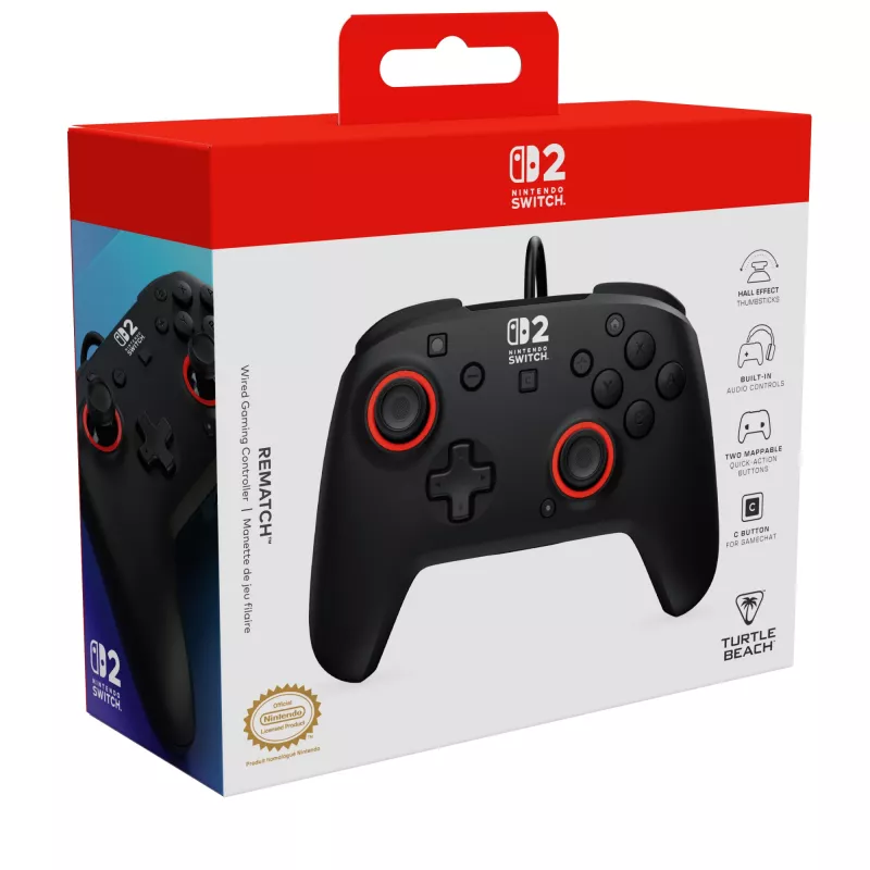 Vadu spēļu kontrolieris Turtle Beach Rematch priekš Nintendo Switch 2 — USB‑C, 3 m kabelis, Aizmugures poga, D‑paliktnis, Melns