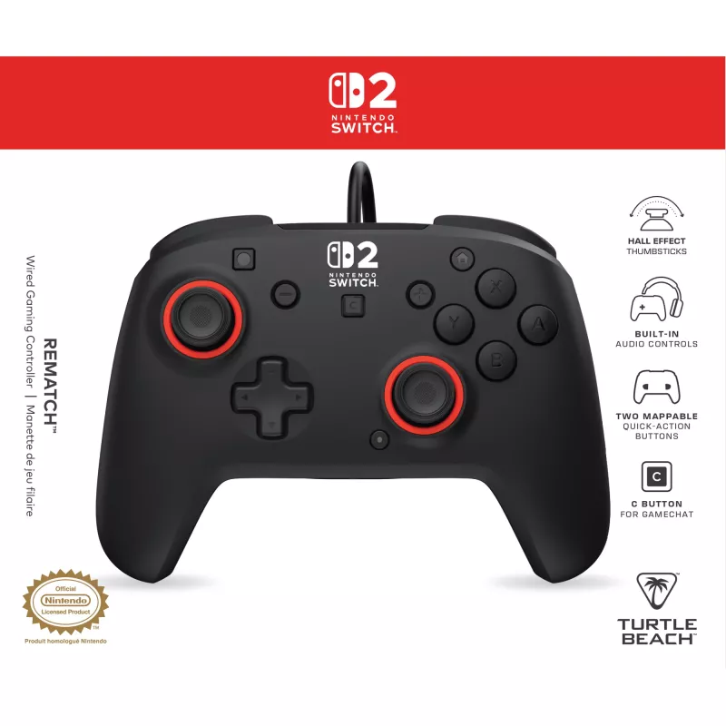 Vadu spēļu kontrolieris Turtle Beach Rematch priekš Nintendo Switch 2 — USB‑C, 3 m kabelis, Aizmugures poga, D‑paliktnis, Melns