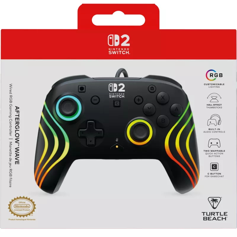 Gamepad Turtle Beach Afterglow Wave Melns vadu RGB kontrolieris Nintendo Switch / Switch 2, USB-C, 3 m kabelis