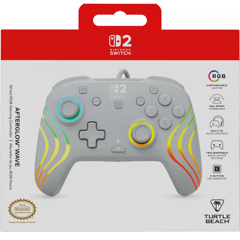 Vadu RGB spēļu kontrolieris Turtle Beach Afterglow Wave pelēkā krāsā — USB‑C, 3 m kabelis, paredzēts Nintendo Switch / Switch 2 / Switch OLED