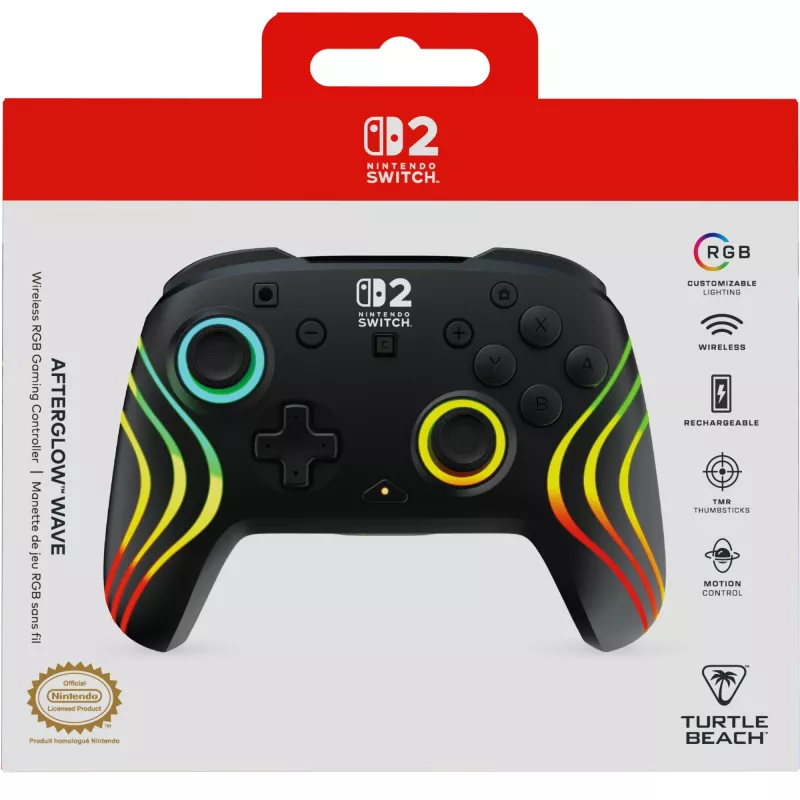 Bezvadu RGB spēļu kontrolieris Turtle Beach Afterglow Wave Melns priekš Nintendo Switch 2 — Bluetooth/USB-C, iebūvēta baterija 20 h, 3 m kabelis