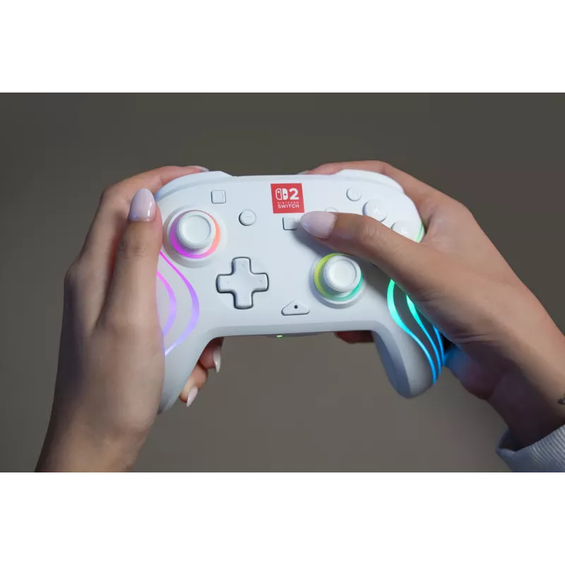 Bezvadu RGB spēļu kontrolieris Turtle Beach Afterglow Wave balta priekš Nintendo Switch 2, Bluetooth/USB-C, iebūvēta baterija 20h, 3m kabelis
