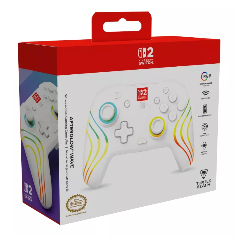 Bezvadu RGB spēļu kontrolieris Turtle Beach Afterglow Wave balta priekš Nintendo Switch 2, Bluetooth/USB-C, iebūvēta baterija 20h, 3m kabelis