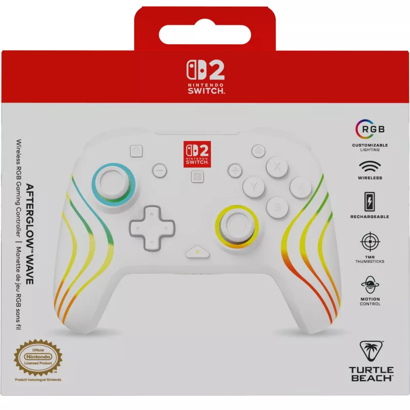 Bezvadu RGB spēļu kontrolieris Turtle Beach Afterglow Wave balta priekš Nintendo Switch 2, Bluetooth/USB-C, iebūvēta baterija 20h, 3m kabelis