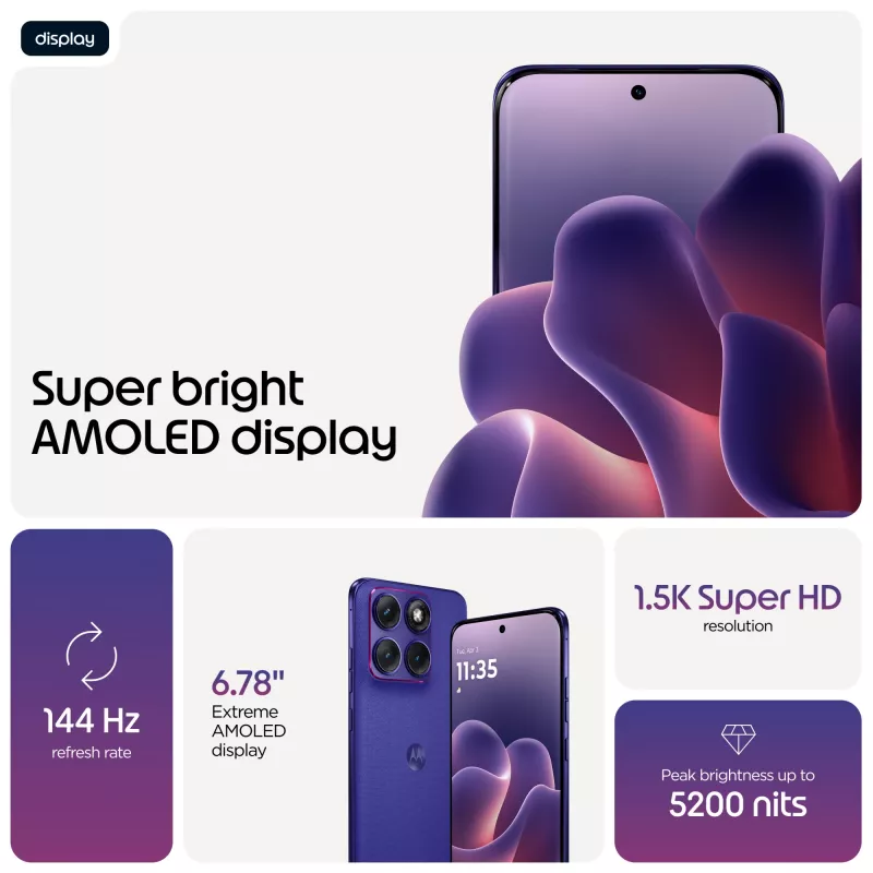 Viedtālrunis Motorola edge 70 fusion — Snapdragon 7s Gen 3, 8 GB RAM, 256 GB, 6,78 collu OLED, 50 MP dubultkamera, 5G, Android 16, 5200 mAh, violeta