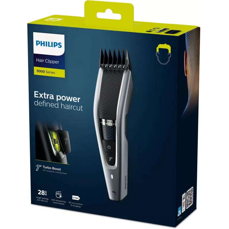 Matu trimmeris Philips 5000 series HC5630/15 — bezvada, 28 garuma pakāpes (0,5 mm–28 mm), 90 min darbības laiks, nerūsējošā tērauda asmeņi