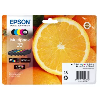 Epson oranžas Multipack 5-krāsu 33 Claria Premium tintes, Standarta ietilpība, Melna, Foto melna, Ciāna, fuksīna, Dzeltena, Pigmenta tinte, Krāsvielas tinte, 6,4 ml, 4,5 ml