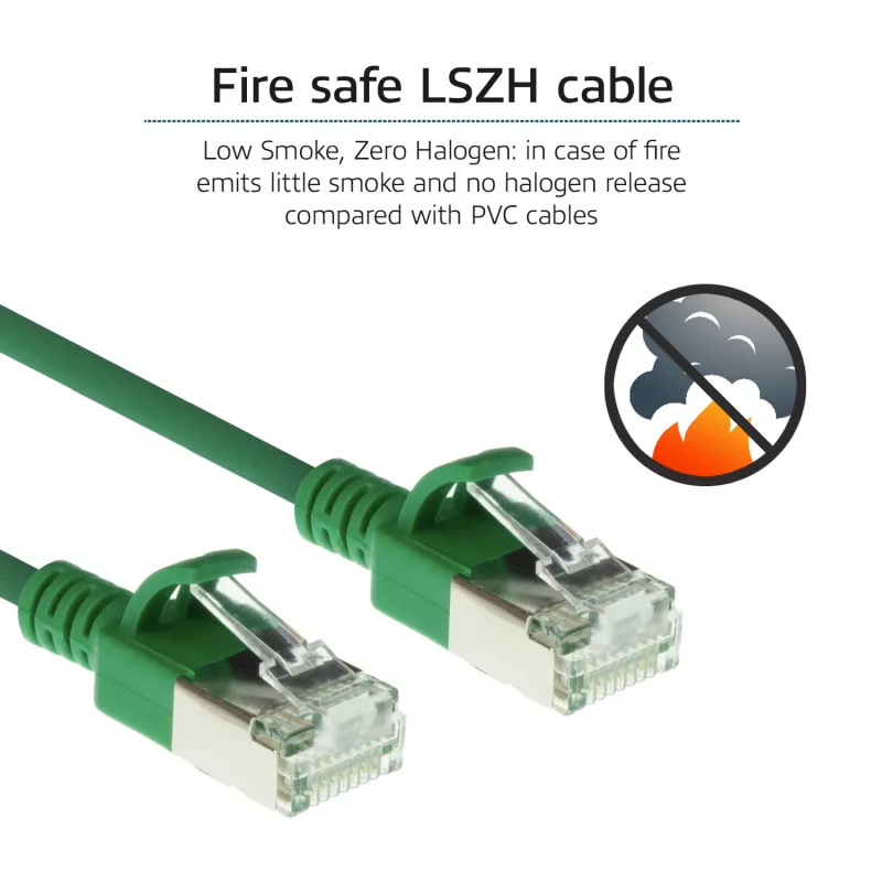 ACT zaļa 2 m LSZH U/FTP CAT6A datacentra plānā savienojuma kabelis bez aizķeršanās ar RJ45 savienotājiem