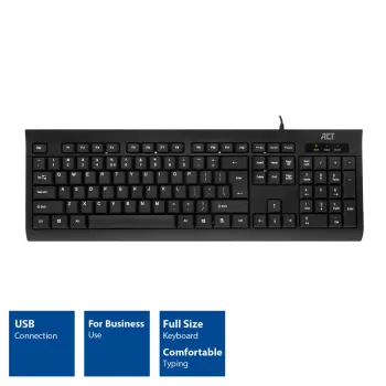 ACT biznesa tastatūra USB (Qwerty/US izkārtojums), pilna izmēra (100%), vadu, USB, membrānas, QWERTY, melna
