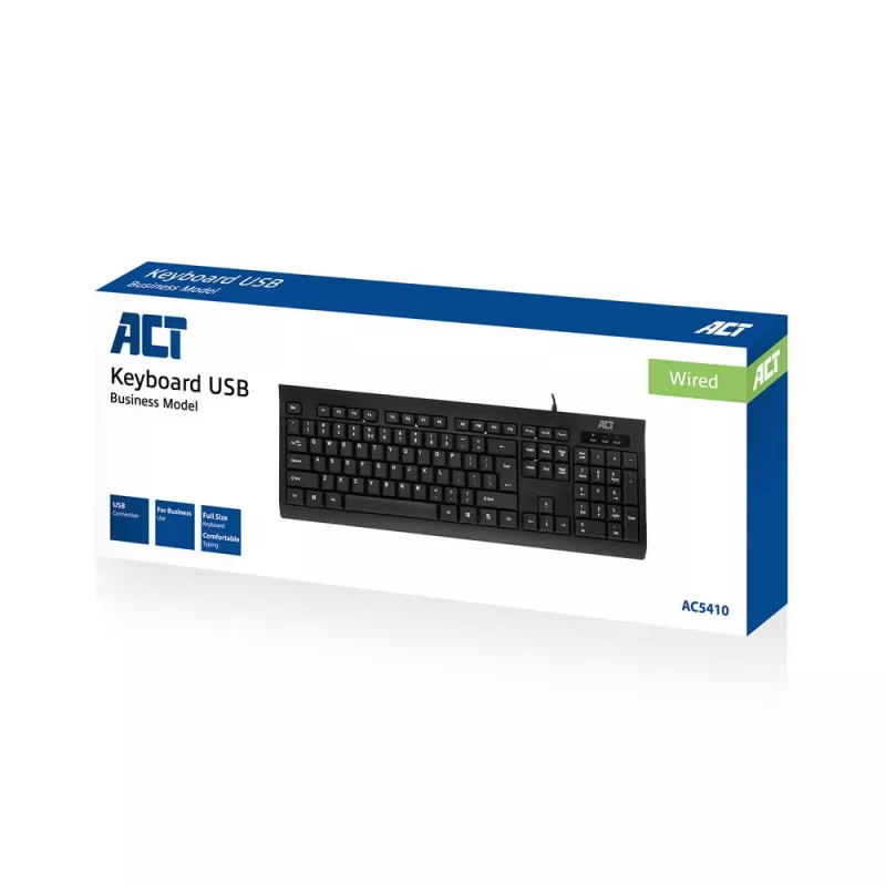 ACT biznesa tastatūra USB (Qwerty/US izkārtojums), pilna izmēra (100%), vadu, USB, membrānas, QWERTY, melna