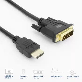 ACT AK3735 video kabeļa adapteris 2 m HDMI A tipa (standarta) DVI-D melns