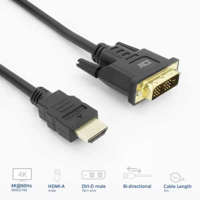 ACT AK3736 video kabeļa adapteris 3 m HDMI Type A (Standard) DVI-D melns