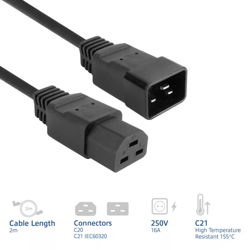 Barošanas vads ACT C20–C21 IEC60320 melns 2 m, 250 V 16 A