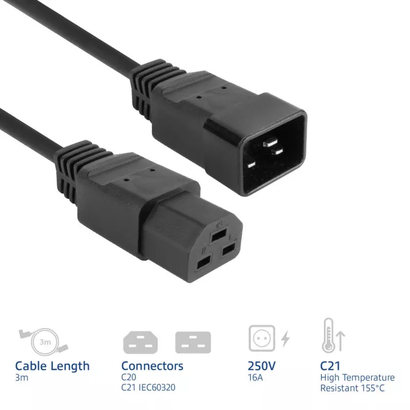 Powercord ACT C20–C21 IEC60320 melns 3 m, 16 A, 250 V