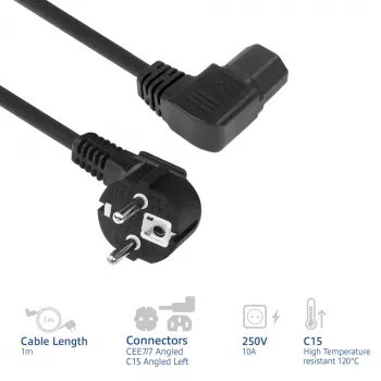 ACT strāvas vads tīkla savienotājs CEE7/7 vīrišķais (leņķveida) - C15 (leņķveida pa kreisi) IEC60320 melns 1 m