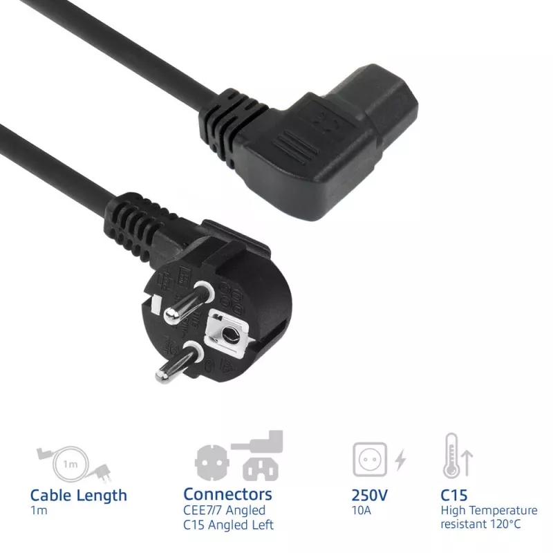 ACT strāvas vads tīkla savienotājs CEE7/7 vīrišķais (leņķveida) - C15 (leņķveida pa kreisi) IEC60320 melns 1 m