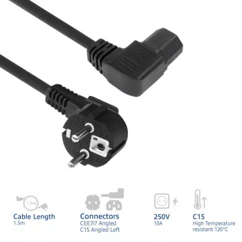 ACT Powercord tīkla savienotājs CEE7/7 vīrišķais (leņķveida) - C15 (leņķveida pa kreisi) IEC60320 melns 1,5 m