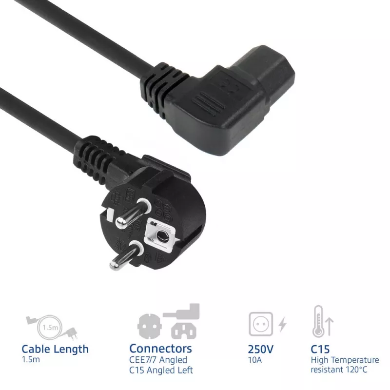 ACT Powercord tīkla savienotājs CEE7/7 vīrišķais (leņķveida) - C15 (leņķveida pa kreisi) IEC60320 melns 1,5 m