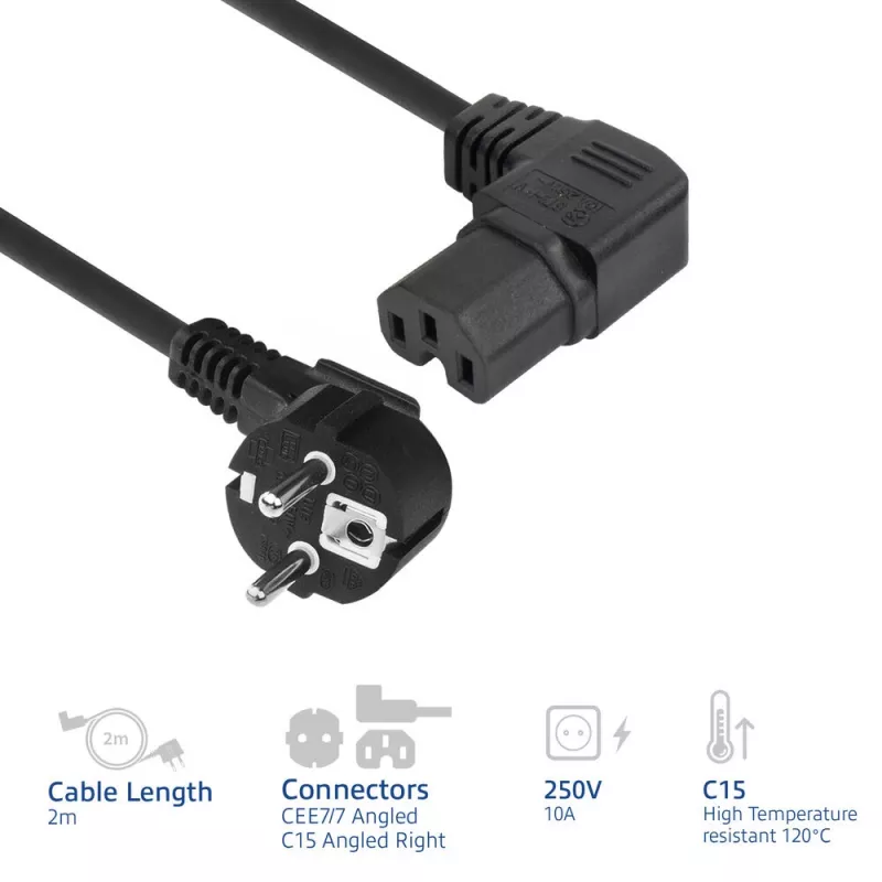 ACT strāvas vada tīkla savienotājs CEE 7/7 vīrišķais (leņķveida) - C15 (leņķveida pa labi) IEC60320 melns 2 m