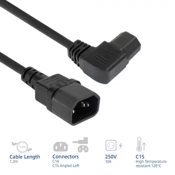 ACT strāvas vads C14 - C15 (leņķiski pa kreisi) IEC60320 melns 1,2 m