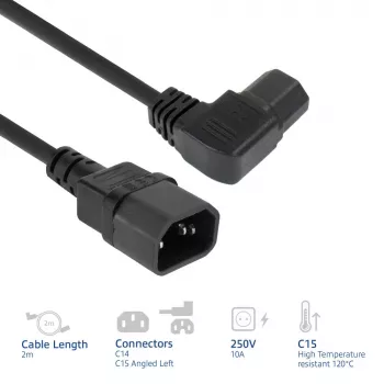 ACT strāvas vads C14 - C15 (leņķveida pa kreisi) IEC60320 melns 2 m