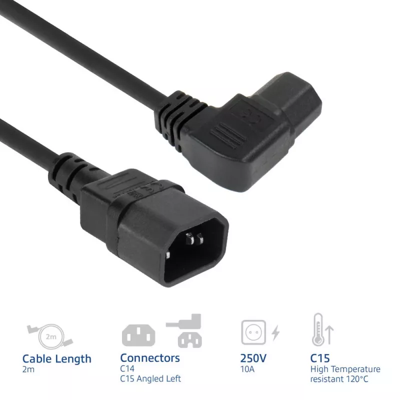 ACT strāvas vads C14 - C15 (leņķveida pa kreisi) IEC60320 melns 2 m