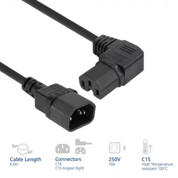 ACT barošanas vads C14 - C15 (leņķa pa labi) IEC60320 melns 0.6 m